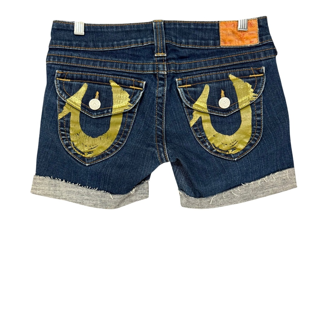 True Religion Joey Cut Off Shorts Womens 29 Dark Wash Gold Painted Logo Low Rise